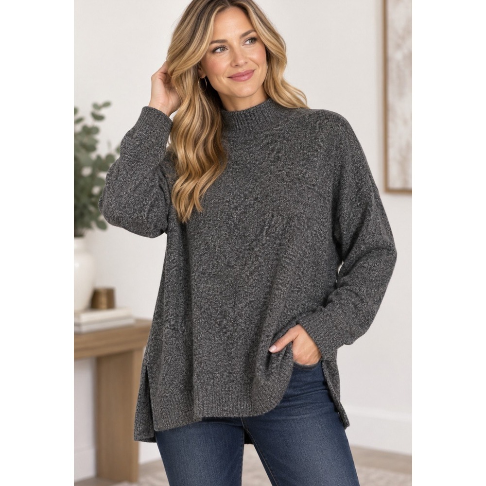 Tahari Womens Large Charcoal Gray Mock Neck Tunic Sweater Long Sleeve Side Slits